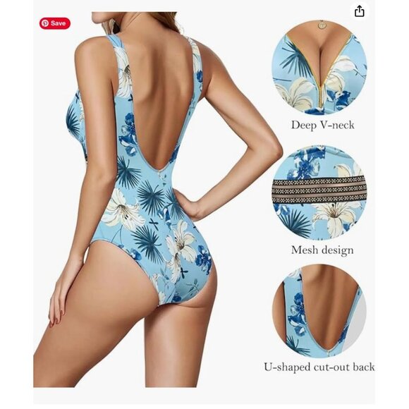 Floral Print One-Piece Swimsuit With Gold Trim & Mesh Detail Blue & White Small - Picture 2 of 6